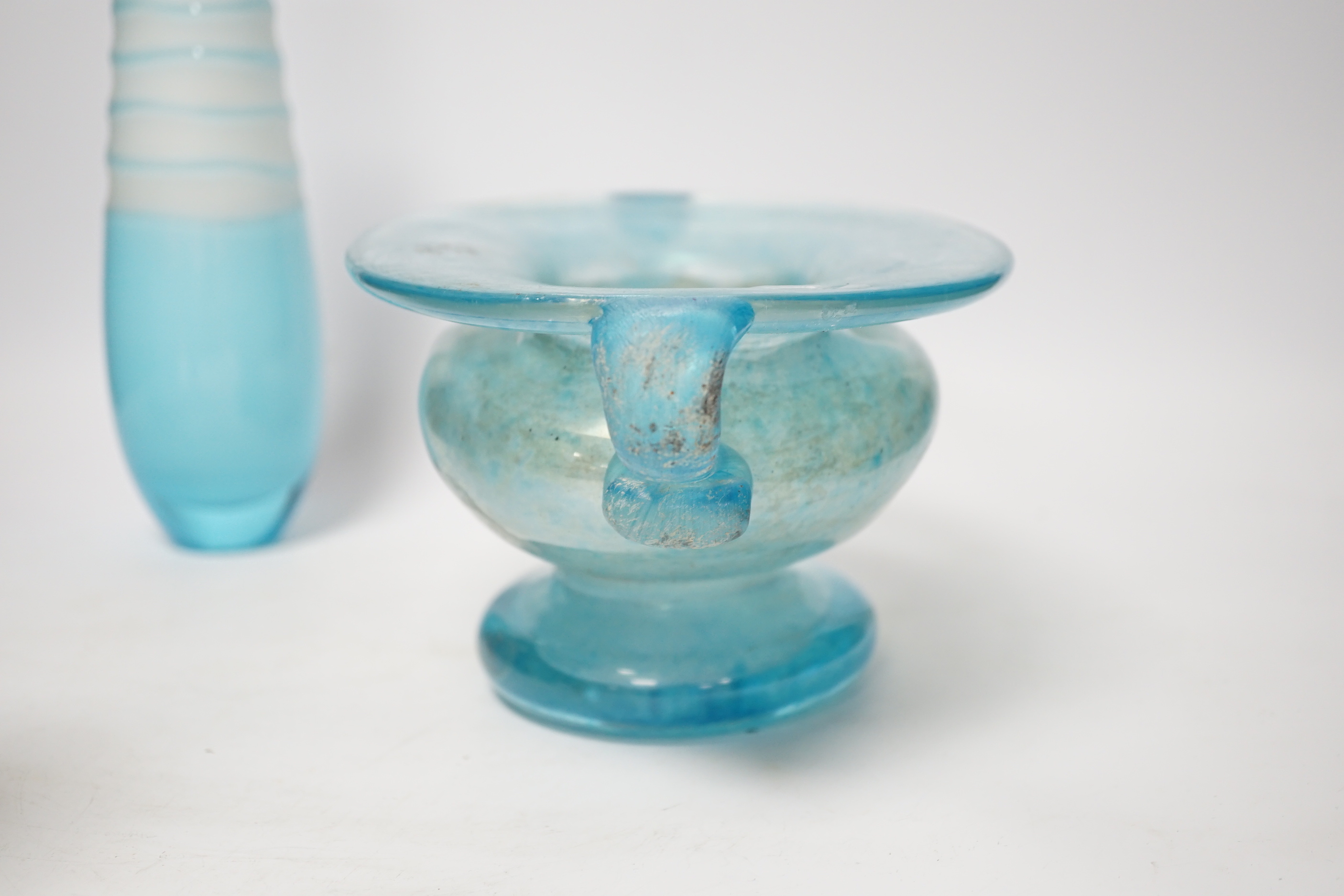A Roman style two handled glass vase, a Kosta Boda bowl and two art glass vases, tallest 26.5cm